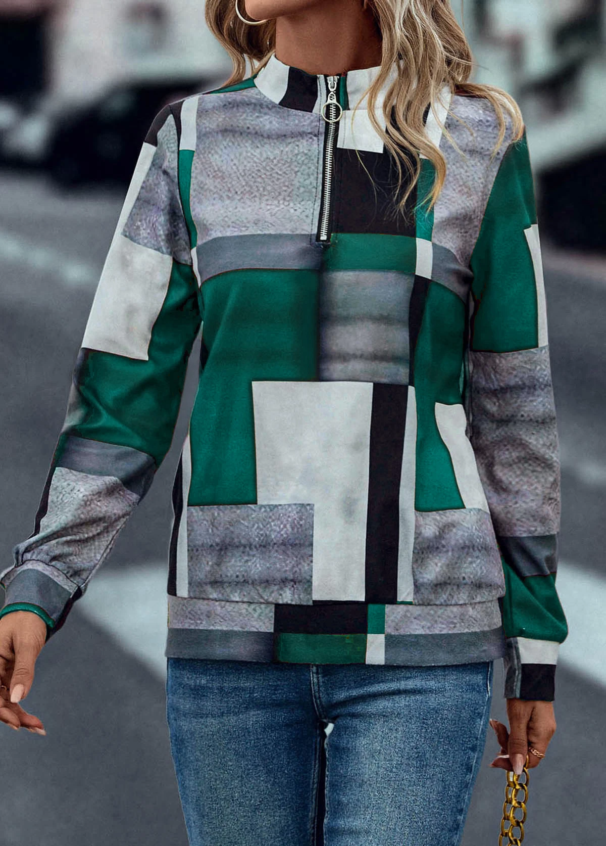 Geometric Print Zipper Turquoise Turn Down Collar Sweatshirt 6 Geometric Print Zipper Turquoise Turn Down Collar Sweatshirt - Image 4