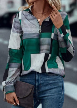 Geometric Print Zipper Turquoise Turn Down Collar Sweatshirt 8 Geometric Print Zipper Turquoise Turn Down Collar Sweatshirt -Rosewe Promotion Store 322515 P 16729206957462