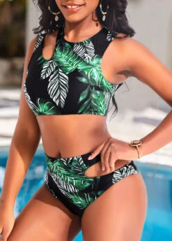 Mid Waisted Leaf Print Cut Out Black Bikini Set -Rosewe Promotion Store 322576 P 16723078381452