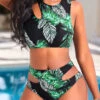 Mid Waisted Leaf Print Cut Out Black Bikini Set -Rosewe Promotion Store 322576 P 16723078388790