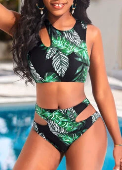 Mid Waisted Leaf Print Cut Out Black Bikini Set