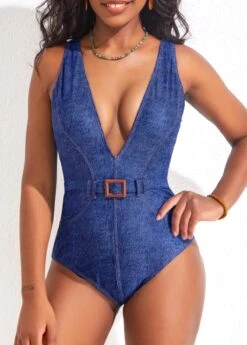 Buckle Detail Blue V Neck One Piece Swimwear -Rosewe Promotion Store 322584 P 16723078686760
