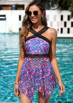 Mid Waisted Fish Scales Print Swimdress And Panty -Rosewe Promotion Store 322718 P 16754239636216