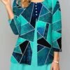 Geometric Print Layered Cyan Round Neck Blouse 1 Geometric Print Layered Cyan Round Neck Blouse -Rosewe Promotion Store 322783 P 1671784952959