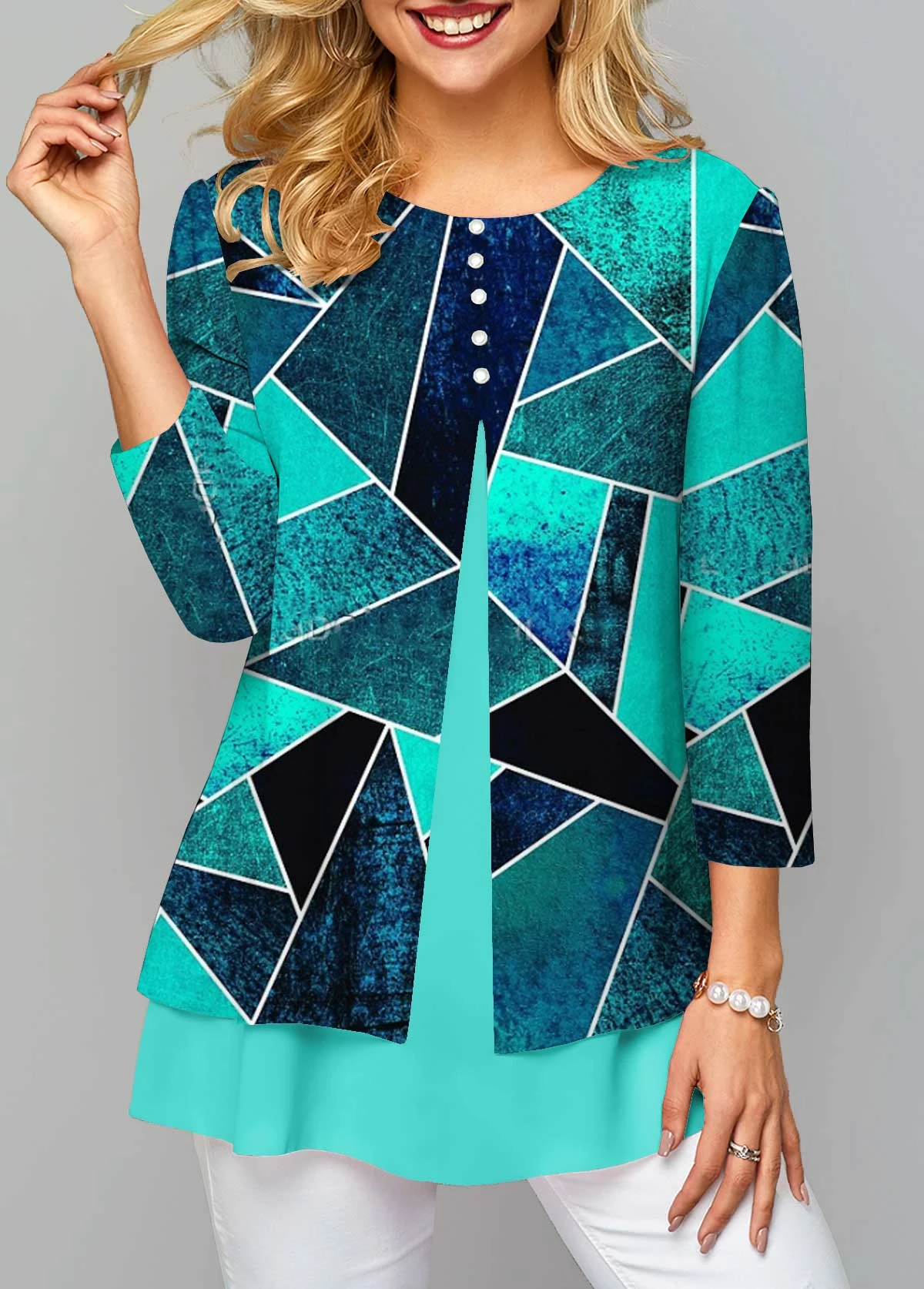 Geometric Print Layered Cyan Round Neck Blouse 3 Geometric Print Layered Cyan Round Neck Blouse