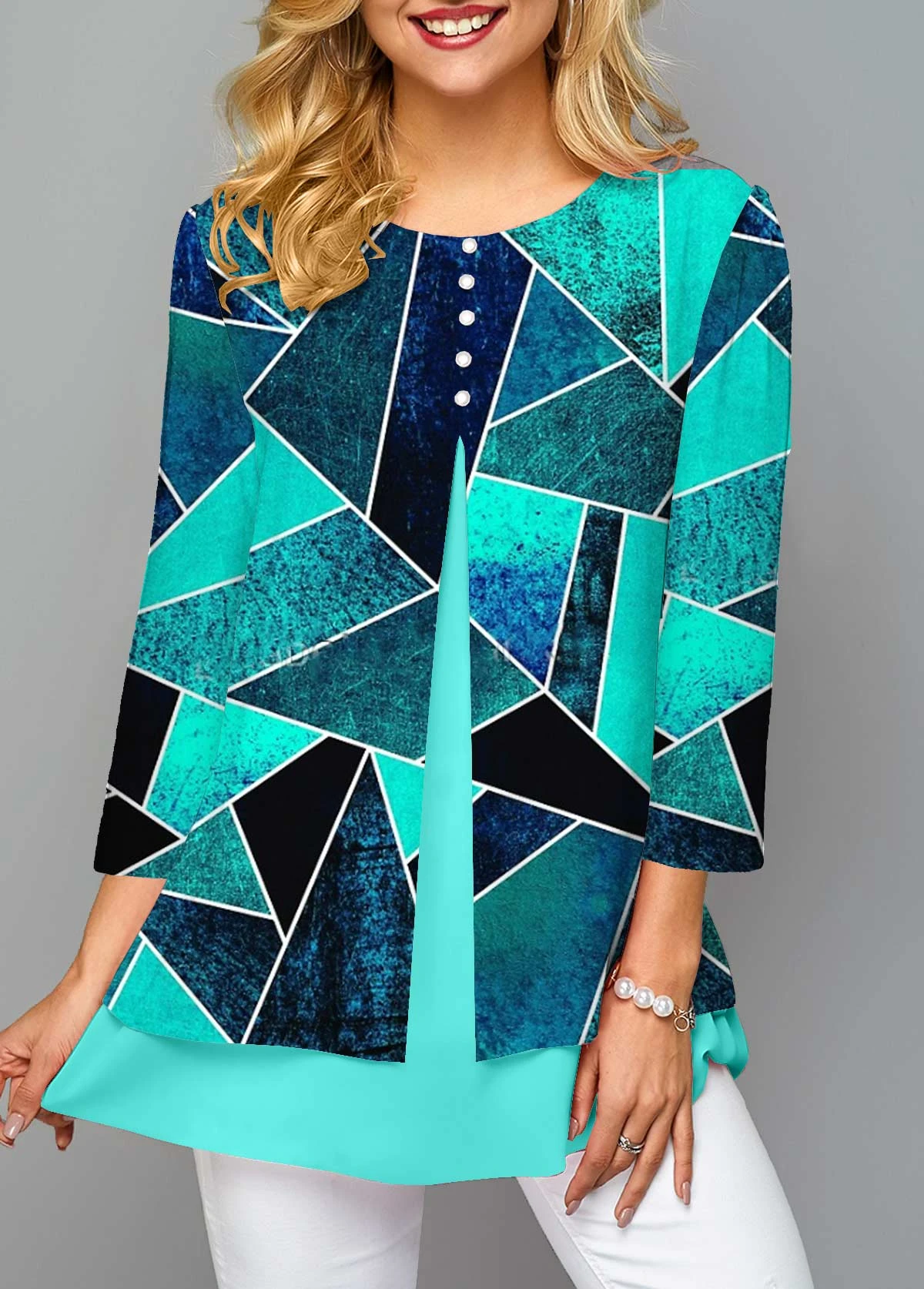 Geometric Print Layered Cyan Round Neck Blouse 5 Geometric Print Layered Cyan Round Neck Blouse - Image 3