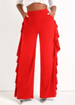 Ruffle Red Wide Leg High Waisted Pants
