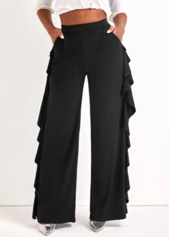 Ruffle Black Wide Leg High Waisted Pants
