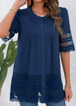Lace Blue Round Neck Patchwork Blouse -Rosewe Promotion Store 322868 P 16785342553064