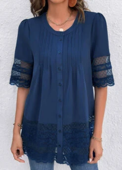 Lace Blue Round Neck Patchwork Blouse