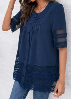 Lace Blue Round Neck Patchwork Blouse -Rosewe Promotion Store 322868 P 16785342556002