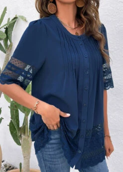 Lace Blue Round Neck Patchwork Blouse -Rosewe Promotion Store 322868 P 16785342558043