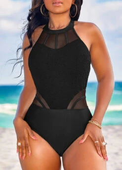 Patchwork Black Cutout One Piece Swimwear