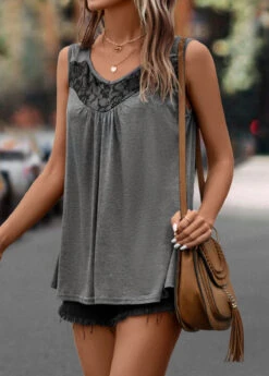 Lace Stitching Dark Grey Scoop Neck Tank Top -Rosewe Promotion Store 322972 P 16757538543132