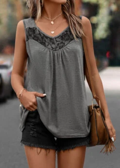 Lace Stitching Dark Grey Scoop Neck Tank Top