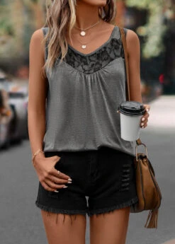 Lace Stitching Dark Grey Scoop Neck Tank Top -Rosewe Promotion Store 322972 P 16757538545084