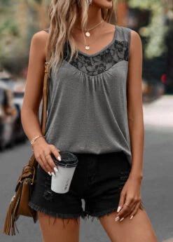 Lace Stitching Dark Grey Scoop Neck Tank Top -Rosewe Promotion Store 322972 P 16757538545535