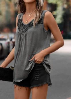 Lace Stitching Dark Grey Scoop Neck Tank Top -Rosewe Promotion Store 322972 P 16757538548703