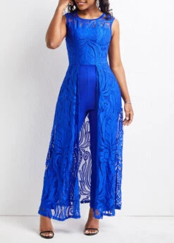 Lace Royal Blue Ankle Length Round Neck Jumpsuit -Rosewe Promotion Store 322999 P 16800563410274