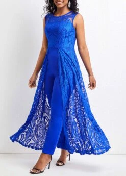 Lace Royal Blue Ankle Length Round Neck Jumpsuit -Rosewe Promotion Store 322999 P 16800563410362