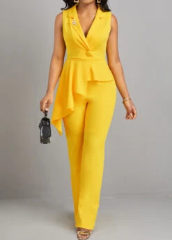 Patchwork Yellow Button Detail Asymmetric Jumpsuit