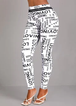 Letter Print White Elastic Waist High Waisted Leggings