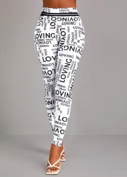 Letter Print White Elastic Waist High Waisted Leggings -Rosewe Promotion Store 323132 P 16967562266554