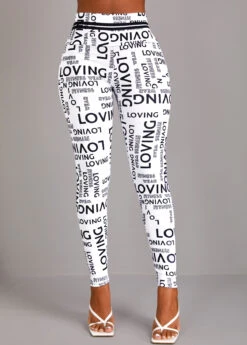 Letter Print White Elastic Waist High Waisted Leggings -Rosewe Promotion Store 323132 P 16967562267782