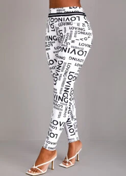 Letter Print White Elastic Waist High Waisted Leggings -Rosewe Promotion Store 323132 P 16967562267793