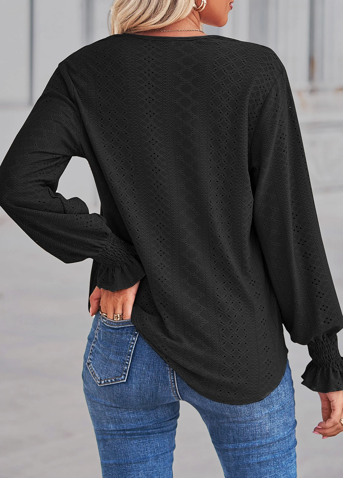 Lace V Neck Black Long Sleeve Blouse 4 Lace V Neck Black Long Sleeve Blouse - Image 2