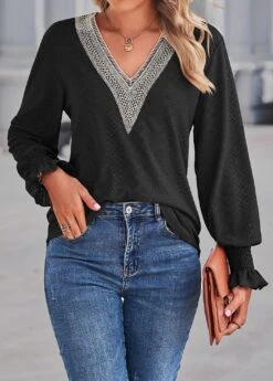 Lace V Neck Black Long Sleeve Blouse 10 Lace V Neck Black Long Sleeve Blouse -Rosewe Promotion Store 323227 P 1672282264343