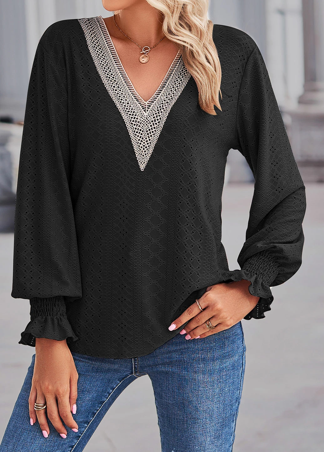 Lace V Neck Black Long Sleeve Blouse 5 Lace V Neck Black Long Sleeve Blouse - Image 3