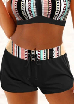 High Waisted Black Striped Swim Shorts