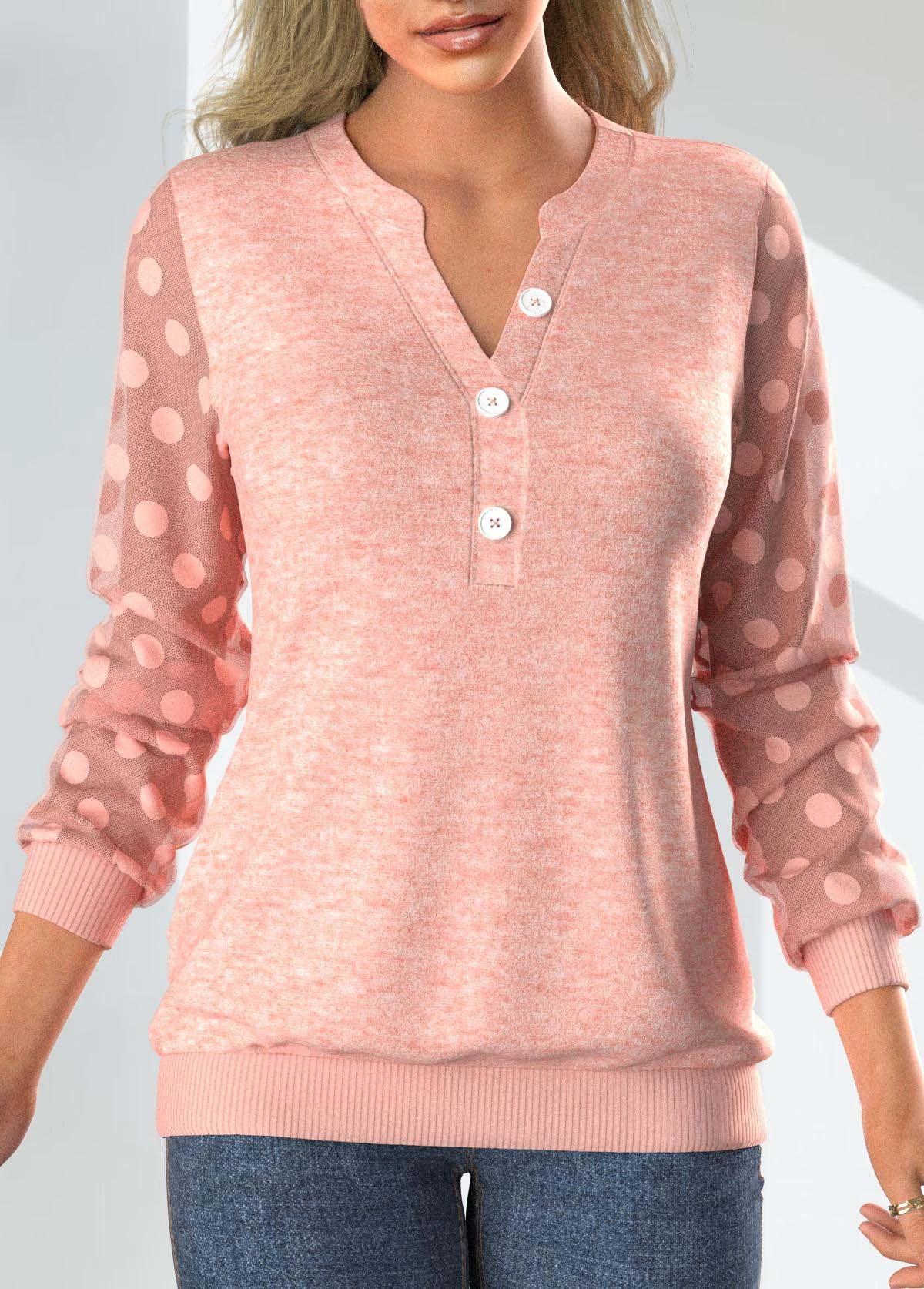 Long Sleeve Button Pink Split Neck Sweatshirt 3 Long Sleeve Button Pink Split Neck Sweatshirt