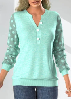 Mint Green Split Neck Long Sleeve Patchwork Sweatshirt