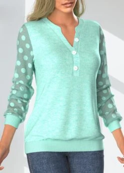 Mint Green Split Neck Long Sleeve Patchwork Sweatshirt -Rosewe Promotion Store 323292 P 1672364535243