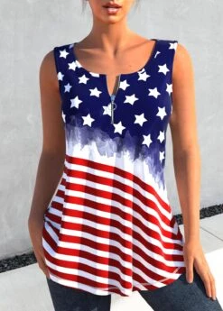 American Flag Print Zipper Navy Tank Top