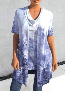 Purplish Blue Leaf Print Tank Top And Lightweight Cardigan