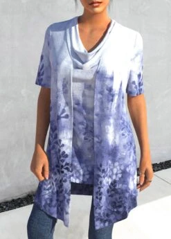Purplish Blue Leaf Print Tank Top And Lightweight Cardigan -Rosewe Promotion Store 323321 P 1672812287109