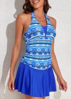 Tribal Print Patchwork Royal Blue One Piece Swimwear -Rosewe Promotion Store 323490 P 16795617110834