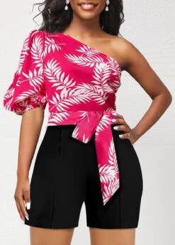 Plants Print Hot Pink Belted Bowknot Romper