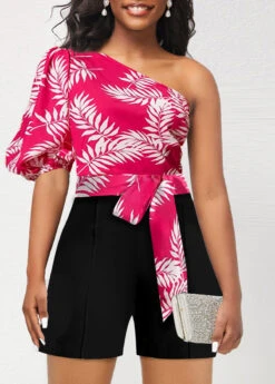 Plants Print Hot Pink Belted Bowknot Romper -Rosewe Promotion Store 323715 P 1675739076771