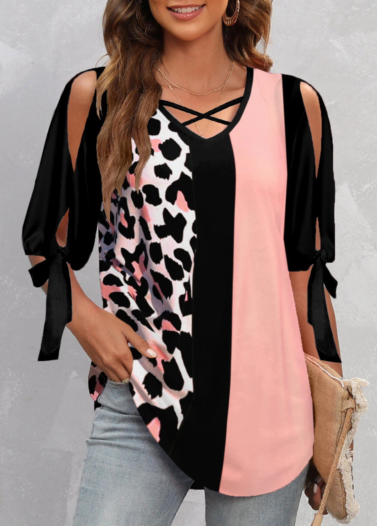 Leopard Criss Cross Pink V Neck Blouse 3 Leopard Criss Cross Pink V Neck Blouse