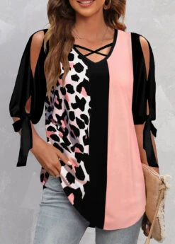 Leopard Criss Cross Pink V Neck Blouse 7 Leopard Criss Cross Pink V Neck Blouse -Rosewe Promotion Store 323739 P 1672916422263