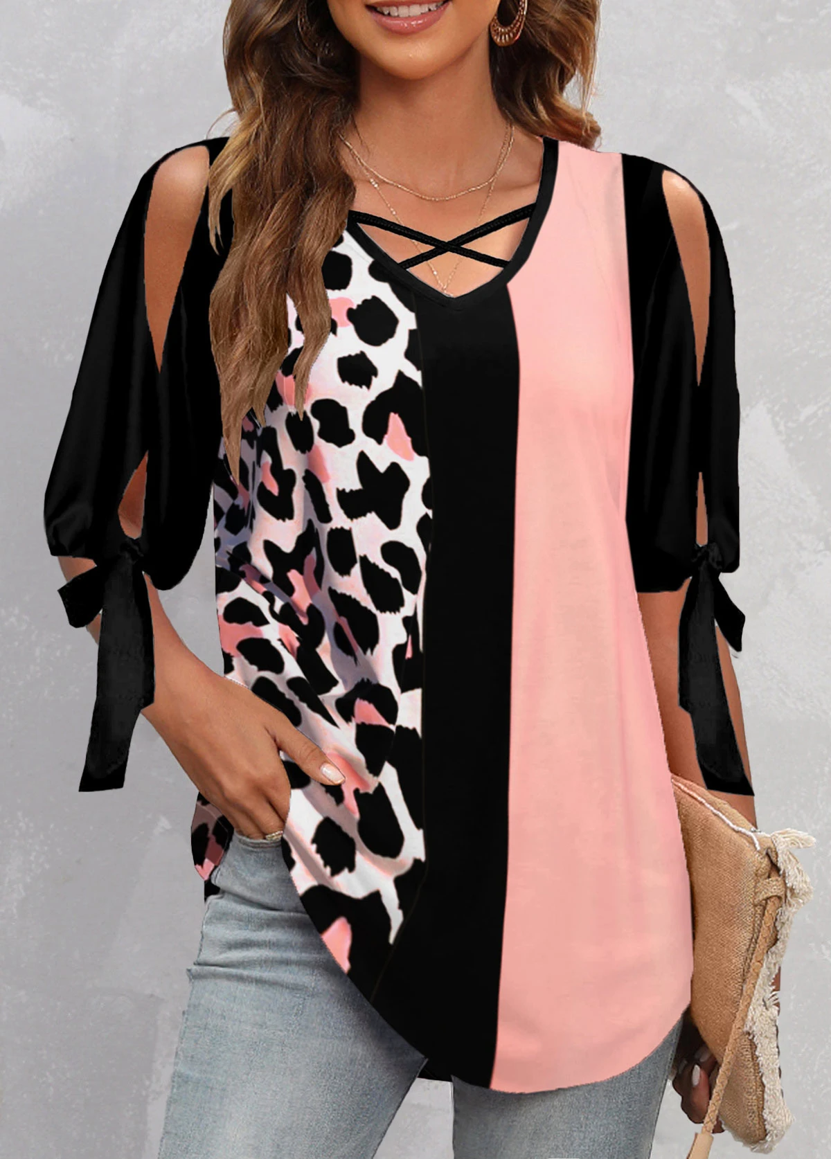 Leopard Criss Cross Pink V Neck Blouse 5 Leopard Criss Cross Pink V Neck Blouse - Image 3