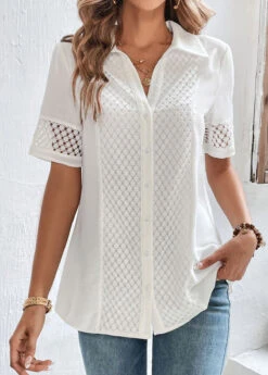 Button Up Lace White Shirt Collar Blouse