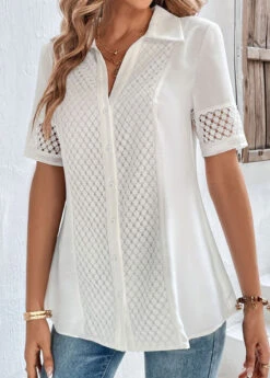 Button Up Lace White Shirt Collar Blouse -Rosewe Promotion Store 323801 P 16780881971432