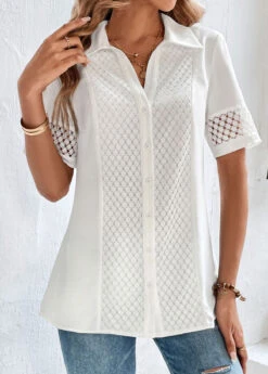 Button Up Lace White Shirt Collar Blouse -Rosewe Promotion Store 323801 P 16780881971954