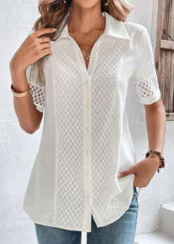 Button Up Lace White Shirt Collar Blouse -Rosewe Promotion Store 323801 P 16780881977043