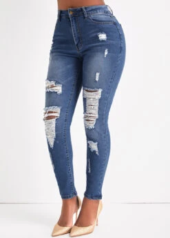 Hole Denim Blue Zipper Fly Skinny Jeans